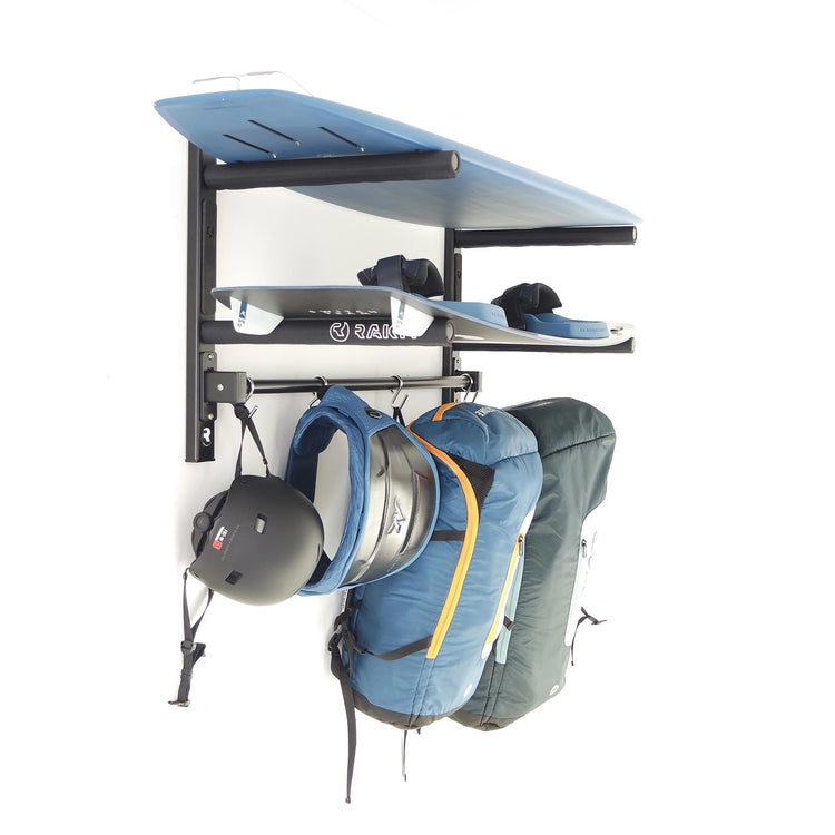 Kite Station Rack by Rakit Systems Compact and versatile storage system for kite boarders. Laser cut aluminium chassis, powder coated black for durability. CNC machined aluminium supports with EVA/nylon covers for protection. Concealed fixing kit with drill bit included Four electro polished S-Hooks for kites and harness. 2 year guarantee. Free delivery in SA.