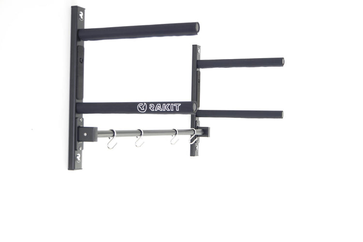 Kite Station Rack by Rakit Systems Compact and versatile storage system for kite boarders.  Laser cut aluminium chassis, powder coated black for durability. CNC machined aluminium supports with EVA/nylon covers for protection. Concealed fixing kit with drill bit included Four electro polished S-Hooks for kites and harness. 2 year guarantee. Free delivery in SA.