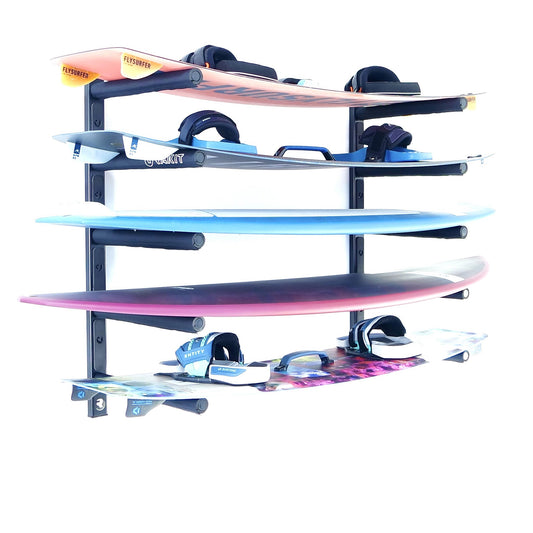 Wall mounted board rack for five boards. Strong and durable aluminium construction. Full foam protection pads. Fixing kit included. Free delivery in SA. BOARD RACKS | SURFBOARD RACK | SURF RACKS FOR WALL | SURFBOARD STORAGE | RAKIT | CAPE TOWN | SOUTH AFRICA | #WHEREBOARDSSLEEP | SURF | RACK | GARGE | BOARD | STORAGE | 