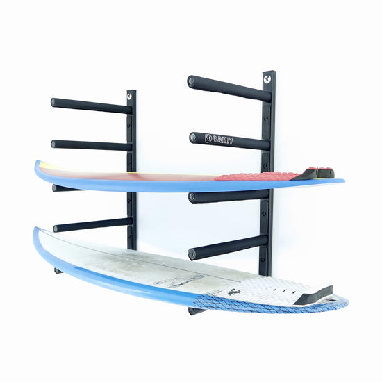 Charger Surf Rack - Rakit Systems Hitting all surf conditions? Then the Charger is the system for you.  Wall mounted surf rack for 5 boards horizontally or 10 vertically. Laser cut aluminium chassis, powder coated for durability. CNC machined supports with stainless steel hardware. Full nylon/EVA foam pads for protection. Concealed fixing kit included. 2 Year guarantee. Safe and easy access to your favourite boards.