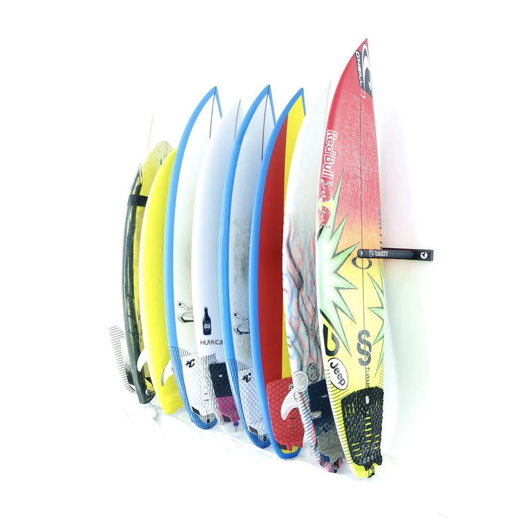 Charger Surf Rack - Rakit Systems Hitting all surf conditions? Then the Charger is the system for you. Wall mounted surf rack for 5 boards horizontally or 10 vertically. Laser cut aluminium chassis, powder coated for durability. CNC machined supports with stainless steel hardware. Full nylon/EVA foam pads for protection. Concealed fixing kit included. 2 Year guarantee. Safe and easy access to your favourite boards.