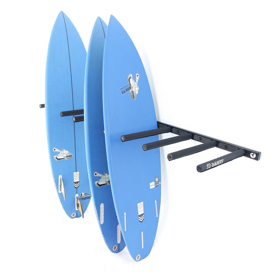 Charger Surf Rack - Rakit Systems Hitting all surf conditions? Then the Charger is the system for you. Wall mounted surf rack for 5 boards horizontally or 10 vertically. Laser cut aluminium chassis, powder coated for durability. CNC machined supports with stainless steel hardware. Full nylon/EVA foam pads for protection. Concealed fixing kit included. 2 Year guarantee. Safe and easy access to your favourite boards.