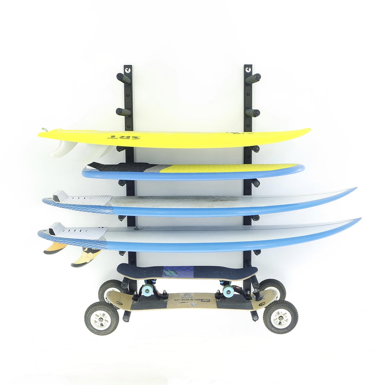 Jacobs Ladder Surf Rack - Rakit Systems Industrial size eight board wall mounted board rack. Laser cut 6000 series aluminium chassis. CNC machined aluminium supports. Black powder coated finish for durability. Nylon and EVA foam covers for protection Concealed fixing kit included 2 Year Guarantee. Next stop, open a surf shop.